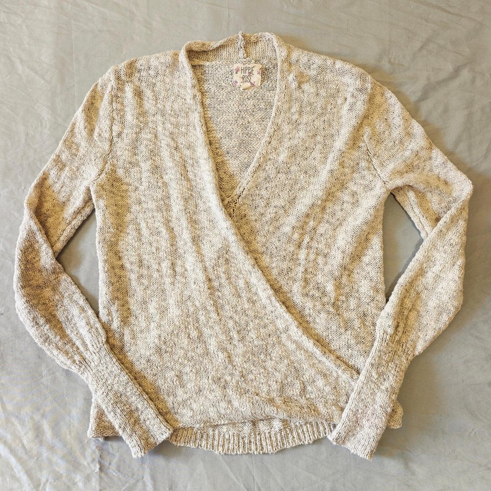 Hippie Rose Faux Wrap Sweater Small S Oatmeal Beige Marled V-Neck Knit Pullover